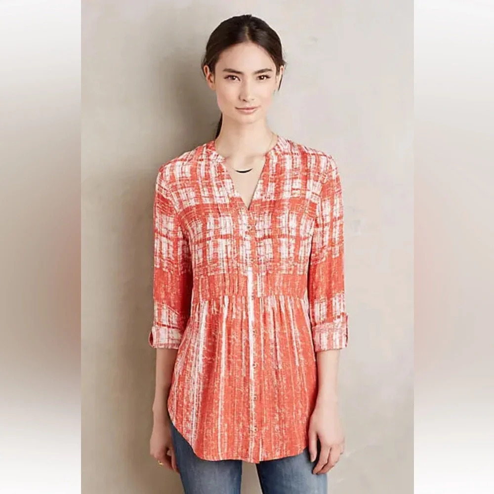 Anthropologie Maeve Calia Tunic Top Orange & White Size 8